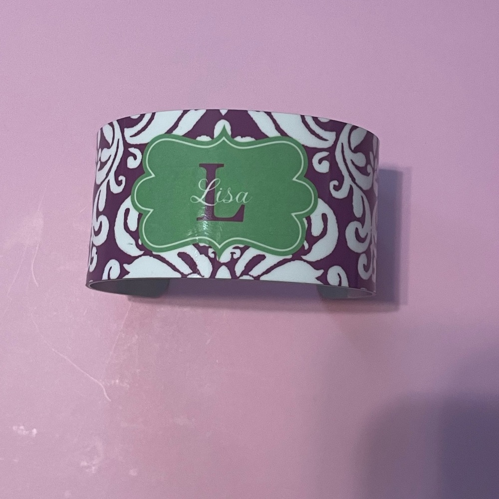 “Lisa” Cuff Bracelet Purple and Green. Personalized initial jewelry. - Picture 2 of 4